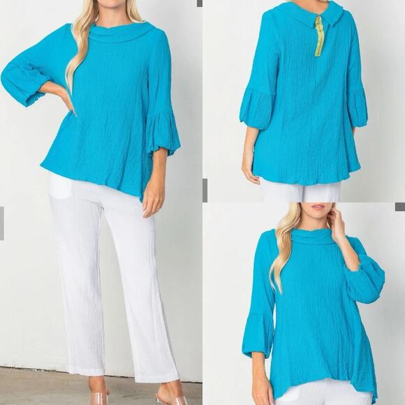 IC Collection Plus Size Lime Ruffle Sleeves Cowl Neck Tunic Top Turquoise XL - Picture 1 of 10